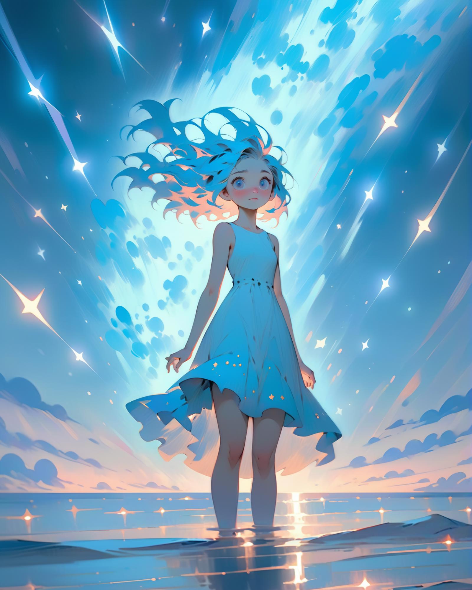 A blue-haired girl standing in the water under a starry sky.
