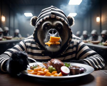 cinematic photo Anthropomorphic animal prisoner last meal, award winning gritty realistic photojournalism, smoky, Cinematic movie scene still image portrait photography sharp focus intricate realistic details, <lora:add-detail-xl:2> . 35mm photograph, film, bokeh, professional, 4k, highly detailed