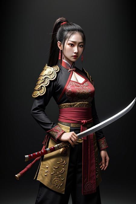 masterpiece, zhongfenghuaStyle, female oriental warrior, flowing garments, holding a katana by the hilt, dynamic shot, great directional lighting, highly detailed