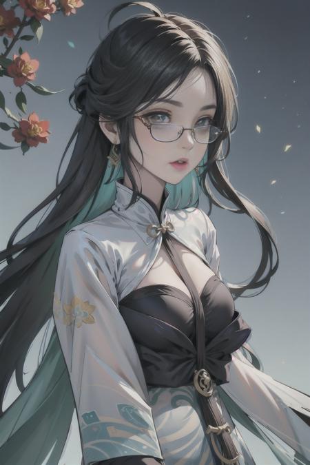 genshin_impact,Cloud Retainer,liuyunjiefeng, liuyunjiefeng_(genshin_impact),
a woman with long hair and a white dress holding a cigarette in her hand and a flower in her hair, 1girl,solo, glasses, hair_over_one_eye, earrings, flower, breasts, long_hair, green_eyes, dress, solo, chinese_clothes, black-framed_eyewear, jewelry, very_long_hair, looking_at_viewer, china_dress, long_sleeves, wide_sleeves, holding,light