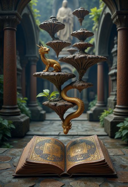 A book bound in stitched-together dragon scales lies untouched at the heart of a gravity-defying temple, its pages eternally turning despite the absence of wind. Suspended islands float above, their surfaces carved with golden runes that rearrange themselves in complex sequences, creating a puzzle that has never been solved. The book’s cover occasionally shifts in texture, mimicking the movement of a breathing creature, as though the knowledge contained within is alive and restless.
   , aidmamjv7, aidmaHyperrealism, aidmaimageupgrader