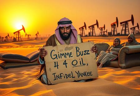 A wealthy sheikh, dressed in extravagant traditional attire, kneeling dramatically in the golden sands of a desert. He holds a tattered and rotten cardboard sign that reads, ‘Gimme Buzz 4 Oil, Infidel Yankee,’ written in crude, mismatched letters. Surrounding him is his opulent harem, lounging on luxurious cushions, unimpressed by his plight. In the background, massive oil pumping stations tower over the barren landscape, their machinery silhouetted against a blazing sunset. The scene is dripping with irony and satire, highlighting excess and desperation. Ultra-realistic, cinematic lighting with hyper-detailed textures for maximum impact.