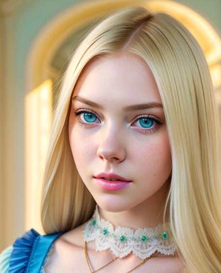 real, photoshoot, realistic, perspective, luminescent, bright colors, illusion, atmospheric scene, masterpiece, best quality, (detailed beautiful face, detail skin texture, ultra-detailed body:1.1), <lyco:ellefanning_lycor_02-000003:1>, ellefanning-smf, 1girl, solo, realistic, blonde hair, looking at viewer, lips, green eyes, blue eyes, pink pastel dress