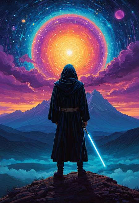 DB4RZ style painting, aidmansfwunlock, masterpiece,Color-grain Summer scene of a awesome scenery an otherwordly super shot, a view like every hiker would dream of and a giant stargate swirling Like a Spiral into Infinity black billowing Clouds above, veiled in a DARK robe resembling a jedi, very detailed, sunrise behind fluffy Clouds with extrem volumetric lighting backdrop, atmospheric haze, Film grain, cinematic film still, shallow depth of field, highly detailed, high budget, cinemascope, moody, epic, , vibrant surreal colours fine art, oil painting, best quality, dark tales, Cape Town in the Van Gogh style, starry sky, Dan Mumford, Andy Kehoe, 2d, flat, cute, This is a digital artwork featuring a stylized covered in a constellation of glittering iridescent stars and cosmic particles surrealistic portrait of a humanoid figure set against a dark with a body that is predominantly dark almost liquid texture almost black gradient background transitioning from dark purple to black. The figure is rendered in a smooth giving it a celestial appearance.
