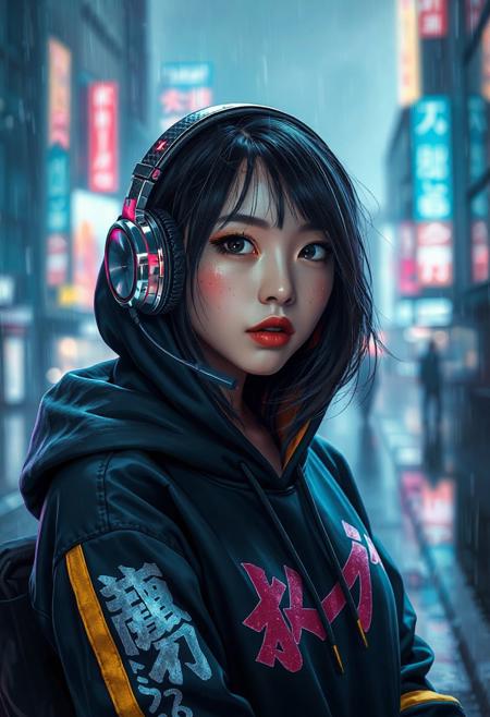 A 4K photorealistic picture of a Half-Japanese female hacker. More Caucasian with freckled nose and cheeks. Teal lipstick. Aged 28. Cyberpunk clothing. Hi tech chrome and carbon fibre one eared headset. Bold graphic styled Hoodie with Japanese lettering down a sleeve and a bold golden stripe down each sleeve   The girls eye pupils have swirling Galaxy of stars and specks floating in a nebula pattern   Posed in front of a Rainy city at nite