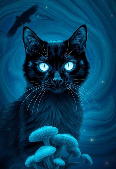 Highly detailed glowing blue ethereal ghost transparent black cat with glowing white eyes.  Swirling background composed of rich blues, teals, and purples, suggesting a mystical with cosmic stars environment. The backdrop appears almost liquid, with the colors merging and flowing into one another, creating a dreamlike, ethereal atmosphere. Below the cat, abstract, mushroom-like forms and organic shapes emerge, enhancing the otherworldly feel of the image. The cat’s bright, piercing eyes draw attention, making it the focal point of this enchanting and mysterious scene, as if it exists within a magical or alternate dimension.