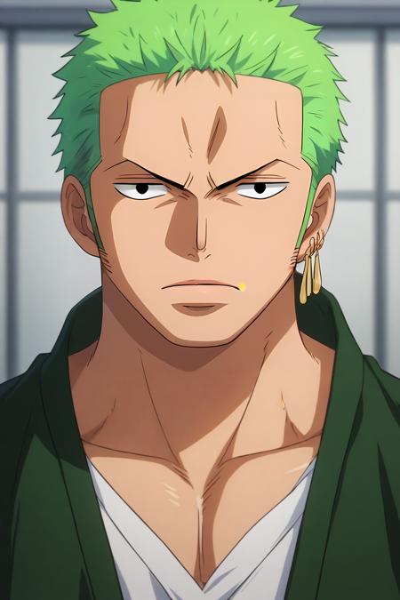 zoro_roronoa, green hair, black eyes, short hair bandana earrings wano country arc, chonmage, japanese clothes, kimono post timeskip, scar across eye, one eye closed sideburns katana, holding sword, mouth hold, teeth