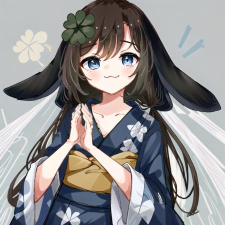 <lora:Kiki-v4:1> Kiki, brown hair, long hair, four-leaf clover hairclip, blue eyes, bags under eyes, smile, (kimono:1.3), formal, good hands, (:3:1.2)