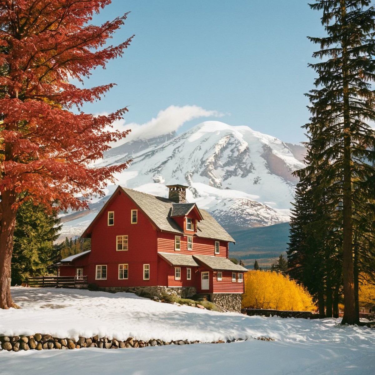 film photography style a red house framed by a snowy mountain in the background and fall trees on either side, Low Angle, ...