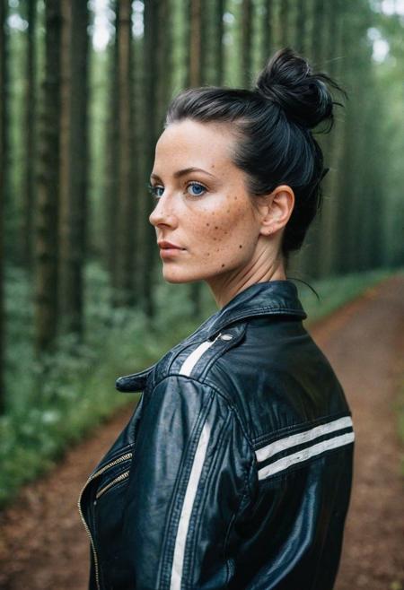 Stunning analog photo of a beautiful 38 years old Dutch woman, back to camera, striped t-shirt, leather jacket, leather pants, perfect face, absolute beauty, sexy pose, natural raven black hair, hairbun, blue eyes, freckles, freckles and moles all over body, absolute perfect tits, big tits, soft natural tits, forest track, early morning, misty, soft natural early morning light light,