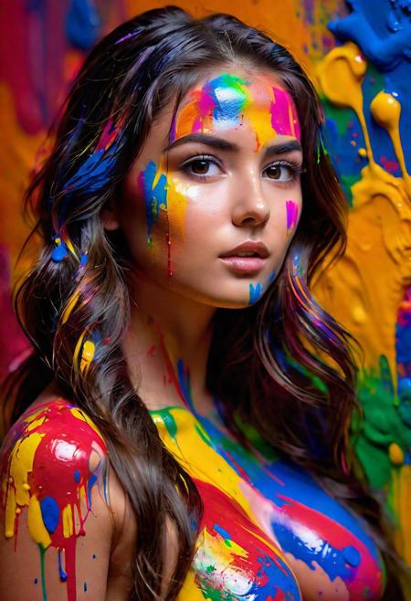 (RAW photo, subject, 8k uhd, dslr, soft lighting, high quality, film grain, Fujifilm XT3, masterpiece, best quality, extremely detailed photograph, volumatic light, ray tracing, extremely detailed 8k wallpaper, nsfw),  full body photo of a Hot athletic italian woman, wrapped in light flowing with (colorful paint:1.5), mirror splatters around the figure,  brown eyes, very long wavy dark brown hair, big breast, (colorful paint 1.5) on breast, delicate face and eyes, small nose, painting portrait picture in studio, hdr