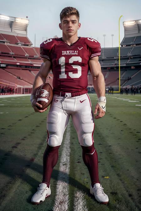 On a football field, holding a football, JoeyMills, helixJoey, confident, American football player wearing (maroon American football uniform), maroon jersey, (white football pants), (((full body portrait))), full body shot, wide angle  <lora:JoeyMills:0.8>