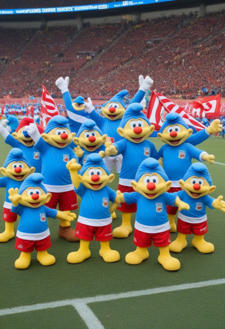 A highly detailed 3D image of energetic Smurfs (Schtroumpfs) dressed in official jerseys of the Espérance Sportive de Tunis (Taraji) football team. Each Smurf wears the bright red and yellow striped jersey with matching shorts, looking lively and full of energy. The Smurfs are posed triumphantly, making energetic victory signs with their hands, their blue faces beaming with joy and excitement. The scene is set in a football stadium, with the background showing blurred stands full of cheering fans. The Smurfs appear fully immersed in the celebratory atmosphere, exuding confidence and team spirit. The lighting is realistic, highlighting the Smurfs' expressions and detailed jerseys, creating a vibrant, victorious atmosphere