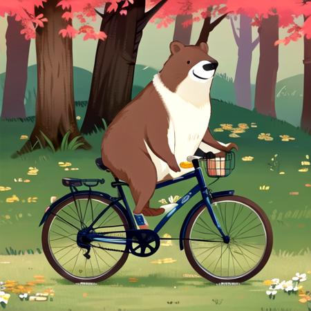 (masterpiece:1.2), best quality, masterpiece, highres, original, extremely detailed wallpaper, perfect lighting,(extremely detailed CG:1.2), drawing,  artist name, autumn, autumn leaves, bear, bicycle, bird, black eyes, branch, cherry blossoms, daisy, floral background, flower, ground vehicle, leaf, leaf background, lily \(flower\), maple leaf, no humans, orange flower, penguin, pink flower, tree, white flower, yellow flower, <lora:picture_book:0.6>