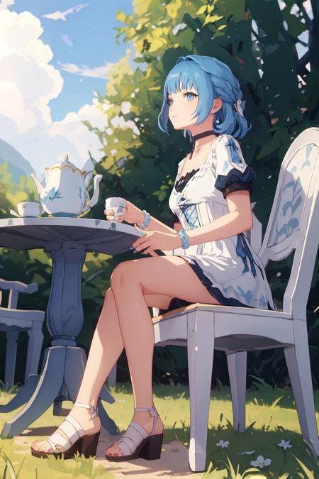 masterpiece, best quality, 1girl, solo, full body, <lora:Genshin_NPC_MaryAnn_v2-000095:0.8:lbw=MIDD>, shiny blue hair, shiny blue eyes, blue nails, blue toenail polish, bow, ribbon, jewelry, collarbone, choker, medium hair, puffy white sleeves, short sleeves, high-heels, white dress, french braid, bracelet, hair intakes, sandals, white footwear, beautiful forest garden, grass, dirt path, antique mansion, outdoors, daytime, sitting in garden chair, drinking from teacup, side view, next to round garden table,