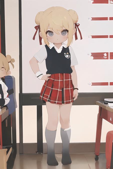 (masterpiece, best quality), 1girl, asian skin tone, 18 y.o, bun blonde hair, <lora:catholic_schoolgirl_uniform_6000_lora_f32:1> catholicschoolgirl, grey polo shirt, red  plaid skirt, knee socks (full body:1.3), classroom