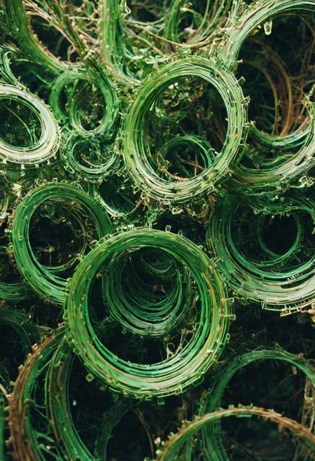 overlapping circles, sharp-edged polygons, and fluid lines,  bright greens,  complex, elegant, expansive, fantastical, film photography style, light grain,