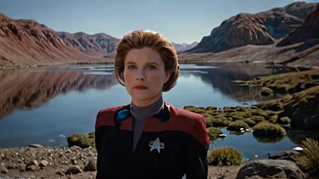 cinematic film still cinematic photo breathtaking  <lora:captain_janeway_100x100-step00014000:1> captain_janeway, woman, Alien planet, Captain Pike, 4K resolution, (extraterrestrial landscape), (vibrant sky with two moons), (otherworldly flora), (futuristic explorer gear), (sense of wonder), (rich and intricate details), (photo-realistic quality), (mysterious atmosphere), (shimmering alien lakes), (vast horizon), (unearthly colors), (dynamic shadows)
 . award-winning, professional, highly detailed . 35mm photograph, film, bokeh, professional, 4k, highly detailed . shallow depth of field, vignette, highly detailed, high budget Hollywood movie, bokeh, cinemascope, moody, epic, gorgeous, film grain, grainy