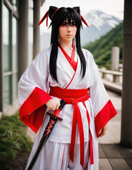 A realistic image of a beautiful woman participating in a cosplay anime convention, dressed as the main character from Inuyasha. She should be wearing a white kimono top, red hakama pants, and carrying a Tessaiga sword. Her hair should be long and silver, and she should have dog-like ears on top of her head. The setting should be inside the convention hall with other cosplayers and attendees in the background. The lighting should be bright and focused on her, capturing the details of her costume and accessories,<lora:bbyt:0.65>