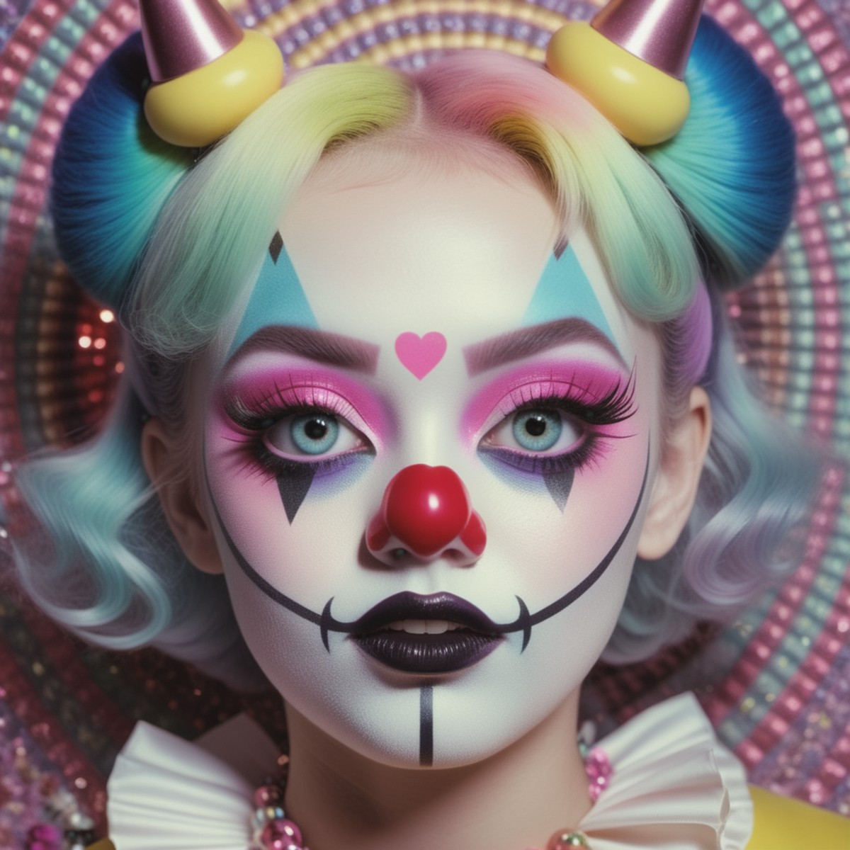 <lora:add-detail-xl:0.8> ((fullbody: 1.3)) ((perfect bong: 1.3)) (( a satanic image of a  girl with devil eyes and clown h...