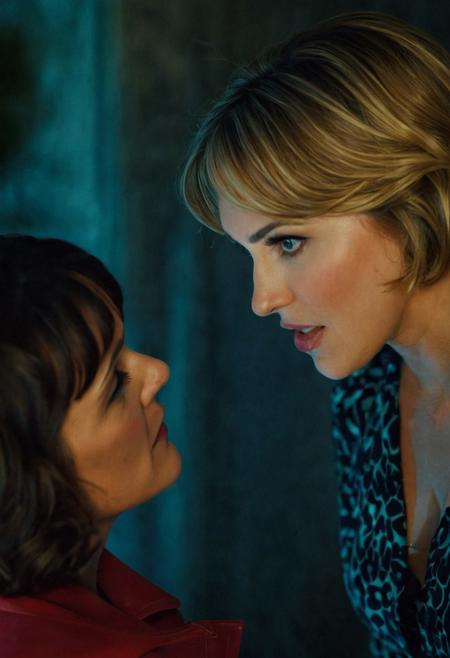 shot from above,50s Film thriller,  full body shot, panoramic view (((mia malkova  and Fiona Bruce angry face talking to Fredrik Ljungberg ,with a shadow on her face casting shadow style cucoloris patterned illumination, shallow depth of field, vignette, highly detailed, high budget, bokeh, cinema scope, moody, epic, gorgeous, film grain, grainy.,digital artwork by  "moebius"