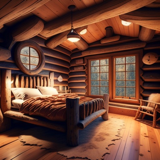 a wooden cabin style bedroom  <lora:BedroomAI_LoRA:0.5>