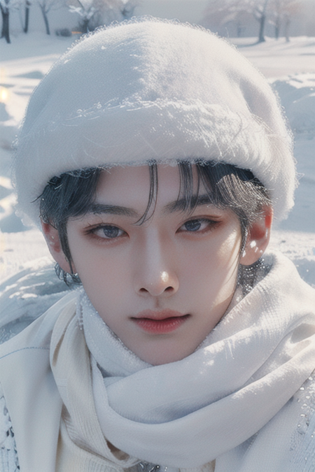 1boy,(close-up:1.4),(winter ,snowy:1.2),(RAW photo:1.2), (photorealistic:1.4),(masterpiece:1.3),(best quality,1boy:1.4), dreamlike, (detailed eyes),(detailed facial features), (detailed clothes features) solo, cute,closed mouth, black hair, black eyes, crystal pendant, Long blue scarf,White long wool coat,(detailed face), grunge,(high detailed skin:1.2),soft lighting, high quality,