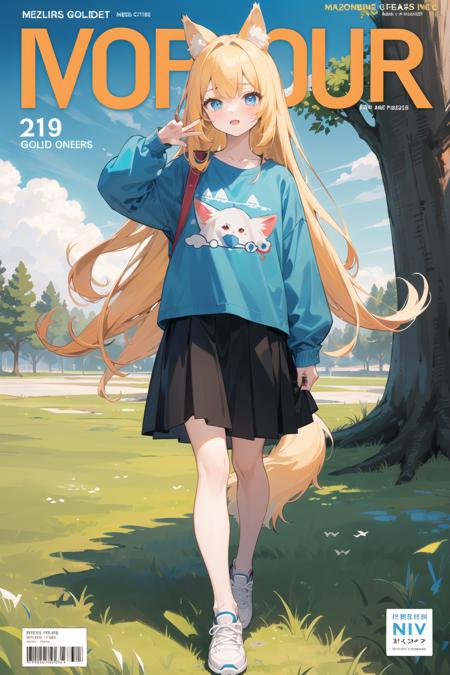 1girl, solo, long hair, skirt, outdoors, cloud, black hair, blue eyes, shirt, long sleeves, shoes, sky, tree, black skirt, full body, blue sky, bangs, blush, blue shirt, sneakers, standing, grass, white footwear, cloudy sky, day, print shirt, looking at viewer, walking
1girl,full body,(golden eye),(red eye),(wolf ear),(yellow hair),(wolf tail),(wolf ears),(a cute young girl:1.1),(wolf ear),beautiful detailed eyes,orange hair, very long hair,small breasts,(looking at viewer),
(magazine:1.3), (cover-style:1.3), fashionable, woman, vibrant, outfit, posing, front, colorful, dynamic, background, elements, confident, expression, holding, statement, accessory, majestic, coiled, around, touch, scene, text, cover, bold, attention-grabbing, title, stylish, font, catchy, headline, larger, striking, modern, trendy, focus, fashion,