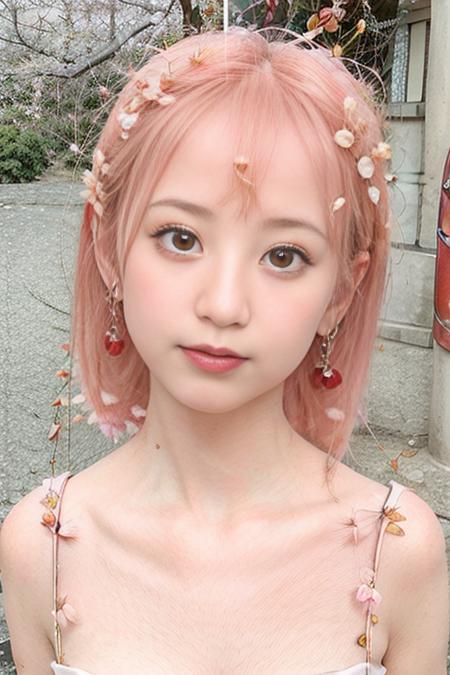 "1girl,close up, self-portrait,masterpiece, realyami, pink hair, white shirt,(short hair:0.550), best quality, hair ornament, earrings,torii, (((cherry blossoms:1.5))), (detailed face:1.4), (detailed skin:1.2),(looking at viewer:1.25), shiny skin, east asian architecture,  <lora:realyami_v1.2-000020:0.850>