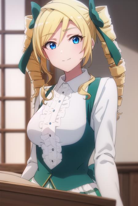 ellismaclaine, <lora:ellis maclaine s2-lora-nochekaiser:1>,
ellis maclaine, long hair, blue eyes, blonde hair, bow, twintails, hair bow, drill hair, twin drills, smile,
BREAK skirt, shirt, long sleeves, white shirt, pantyhose, frills, green skirt, underbust,
BREAK indoors, classroom,
BREAK looking at viewer,
BREAK <lyco:GoodHands-beta2:1>, (masterpiece:1.2), best quality, high resolution, unity 8k wallpaper, (illustration:0.8), (beautiful detailed eyes:1.6), extremely detailed face, perfect lighting, extremely detailed CG, (perfect hands, perfect anatomy),