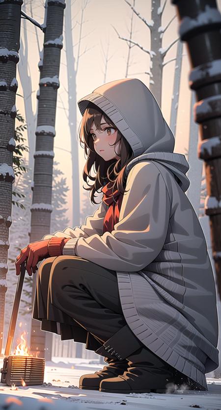 1girl, solo, snow, long hair, hood, fire, outdoors, brown hair, boots, snowing, from side, tree, suitcase, cloak, blurry, hood up, forest, gloves, nature, brown eyes, red gloves, squatting, closed mouth, hooded cloak, winter, depth of field, black footwear, red cloak
 <lora:snowlight-000007:1>