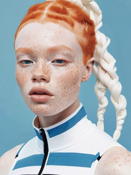 (fashion editorial style of a albino model with Freckles in a sport pose):1, (in a sport outfit inspired by picasso):1.2 ,    <lora:Freckles:0.9> ,  high fashion, trendy, stylish, editorial, magazine style, professional, highly detailed