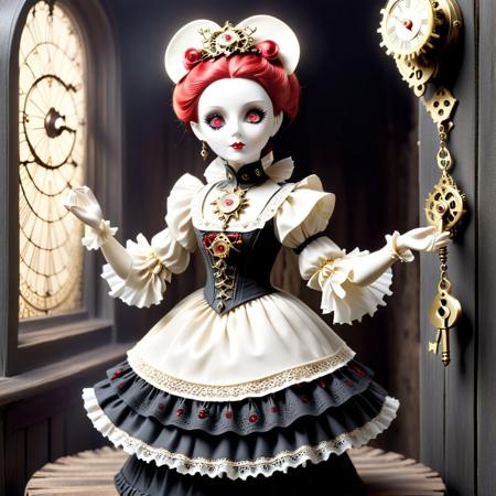 A bizarre clockwork doll with a porcelain face and glowing red eyes that give off a faint, mechanical whirring sound. Their joints are visible, made of brass and gears, and they wear a frilly, old-fashioned dress. One arm is outstretched, holding a key, suggesting a need to be wound up. The background is a dark, dusty attic filled with old, forgotten toys and cobwebs.