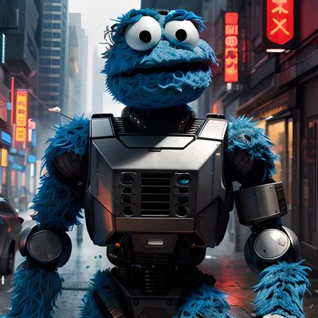 masterpiece, best quality, cyberpunk style, (cookie monster:1.2) as robocop, muppet, sesame street, futuristic, dystopian city, (((fighting against robots)))