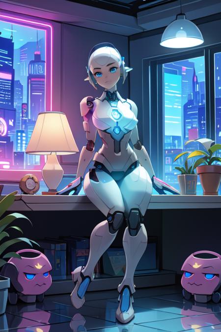 android blue Eyes, blue Eyes, white skin, robot, cyborg , drawing, painting on paper, inks, ink pots, shelf((Masterpiece)), (Best Quality), Art, Highly Detailed, Extremely Detailed CG Unity 8k Wallpaper, (Curves: 0.8), (Full Body: 0.6), 3DMM, (Masterpiece, Best Quality) sitting, white sleeveless shirt, no bra, small chest, on the arm, sitting, drawing, jeans, black pants, cartoonist, studio , white walls, neon pink lights, neon lights, pink lights, wooden shelf, flower pots, plants, decorative plants, window, window, city view, , 12334, Q , perfect eyes,12334