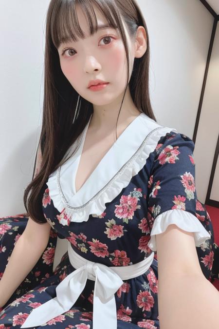 20yo, 8k, RAW portrait of (japanese girl), photo realistic, ultra high res, best quality, real life photo , dramatic, atmospheric, 
1girl, a very beautiful japanese girl, glamour shot of girl, natural skin, long hair, bangs,
big beautiful detailed eyes, brown hair, beautiful detailed nose, medium breasts, 
frills, bow, frilled dress, ribbon,
<lora:SumireUesaka_V1>, looking at viewer, blurry background, indoor, upper body, simple background, kneeling,