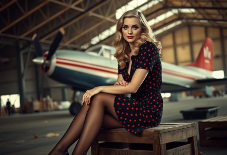 score_9, score_8_up, score_7_up,
RAW, masterpiece, full body, photorealistic, In the style of George Barbier, noir_style, 
1girl, beautiful young woman, 30 years old, blonde, long hair, wavy hair,sitting on a wooden crate in an old hangar,
1940's noir, elegant,
Wearing black and red polka-dot 1940s dress with padded shoulders, nylon stockings, low heels.
looking at viewer, 
high details, highly detailed, sharp focus, beautifully detailed woman, detailed eyes and face
wearing 1940s style dress with padded shoulders
detailed background, 1940s airport hangar, Ford Trimotor airplane