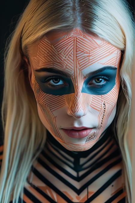 portrait photo of an 20 years old european blonde haired woman sitting in office,  style \(artistic makeup with geometric lines\) , 8k, uhd, realistic, detailed skin, insane detailed, Illumination daylight, <lora:artisticmakeup_bit_winks_yamer:1>