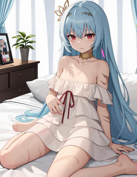 bedroom, 1girl
,BREAK
(thunderloli:1.3), (scars:1.2), (child, aged down, petite:1.1), white dress, gold choker, hair ribbon
<lora:Thunder:1>