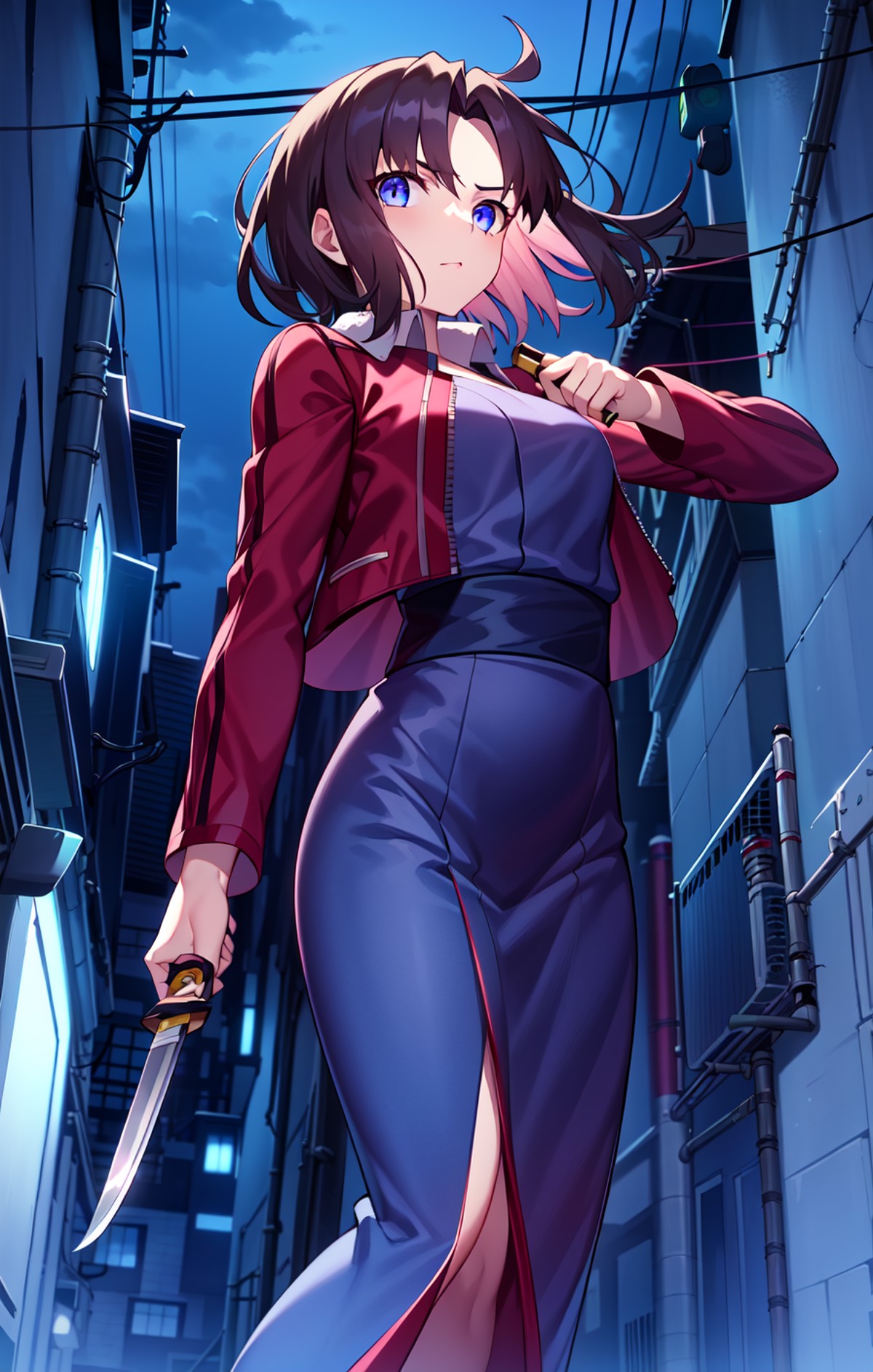 ShikiCasualCloth, SrAssassin, 1girl, solo, alley, building, holding, holding knife, knife, looking at viewer, night, outdo...