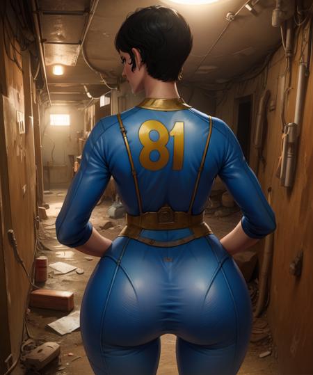 curie,short hair,black hair,
blue bodysuit,from behind ass,81,
standing, 
underground vault,clean,
(insanely detailed, masterpiece, best quality),<lora:curie-10F4v8:0.8>,