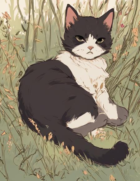 jsmn style, a cute kitty cat lying in grass thicket