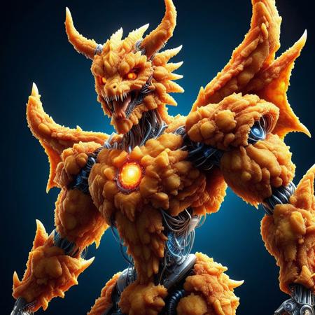 DFC, codeandigital, c0dean0igital, cyberw0rlds, no humans, dragon made of deep fried & crispy breading, mountain background, mountain made of deep fried & crispy breading, wings made of deep fried & crispy breading, claws, solo, open mouth, tail, yellow eyes, sharp teeth, teeth, monster, robot, full body, non-humanoid robot, horns, mecha, flying, tongue, from side, creature, fangs, science fiction, glowing, spikes, fried & crispy breading scales, orange gem, looking at viewer, armor made of deep fried & crispy breading, Tokio streets background, Tokio, mountain, Fuji, wearing glasses, glasses made of deep fried & crispy breading