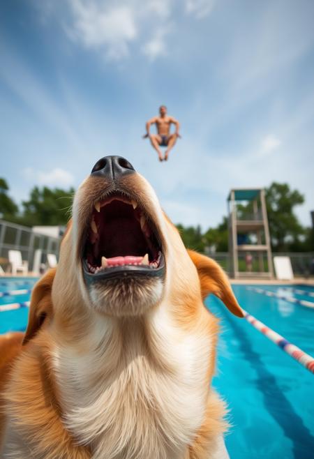 Slow motion still photograph with a forced perspective effect, In the foreground very close to the camera is a dog barking at the sky, its mouth wide open, only its head is visible. In the background we see an outdoor public pool with a diving tower, a man is mid-air diving. The forced perspective effect gives the impression that the diver is diving into the mouth of the dog. The image is shot with a deep field of view, everything is in focus, 24mm, f8. The image is perfectly sharp without motion blur.