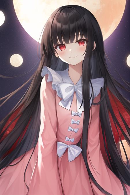 masterpiece, best quality, highres, solo, {houraisan_kaguya_touhou:1.10}, long_hair, black_hair, very_long_hair, bow, smile, bangs, hime_cut, red_eyes, brown_eyes