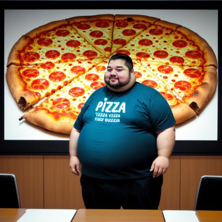 fat man, presentation, screen, realistic, holding pointer, laser pointer, in front of a large screen, pizza on it, <lora:Presentation _v1:0.5>