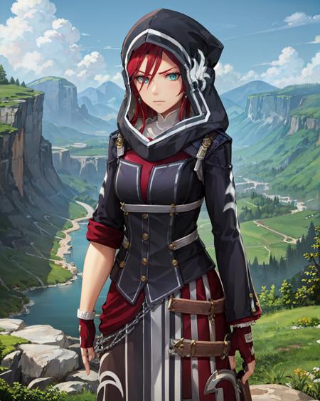 best quality, (masterpiece:1.2), illustration, absurdres,
(1girl), (solo), (beautiful detailed girl),  cowboy shot,
<lora:CelisV2-08:1>, Celis Ortesia, red hair, long hair, messy hair, aqua eyes, medium breasts, earrings,  jewelry,
hood, hood up,
armored dress, (long dress, long skirt:1.1), gown, belt, black pantyhose, black boots, knee boots, laced footwear, red gloves, fingerless gloves,
proud, confident, (angry:0.8), looking at viewer,
on a mountaintop, overlooking, distant valley, distant river, distant forest,