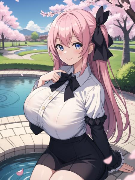 masterpiece,best quality,1girl,outdoors,spiral ponds in the background,looking at viewer,formal shirt,hair ribbon,frilled sleeves,cherry blossoms,blue sky,smile,huge breasts