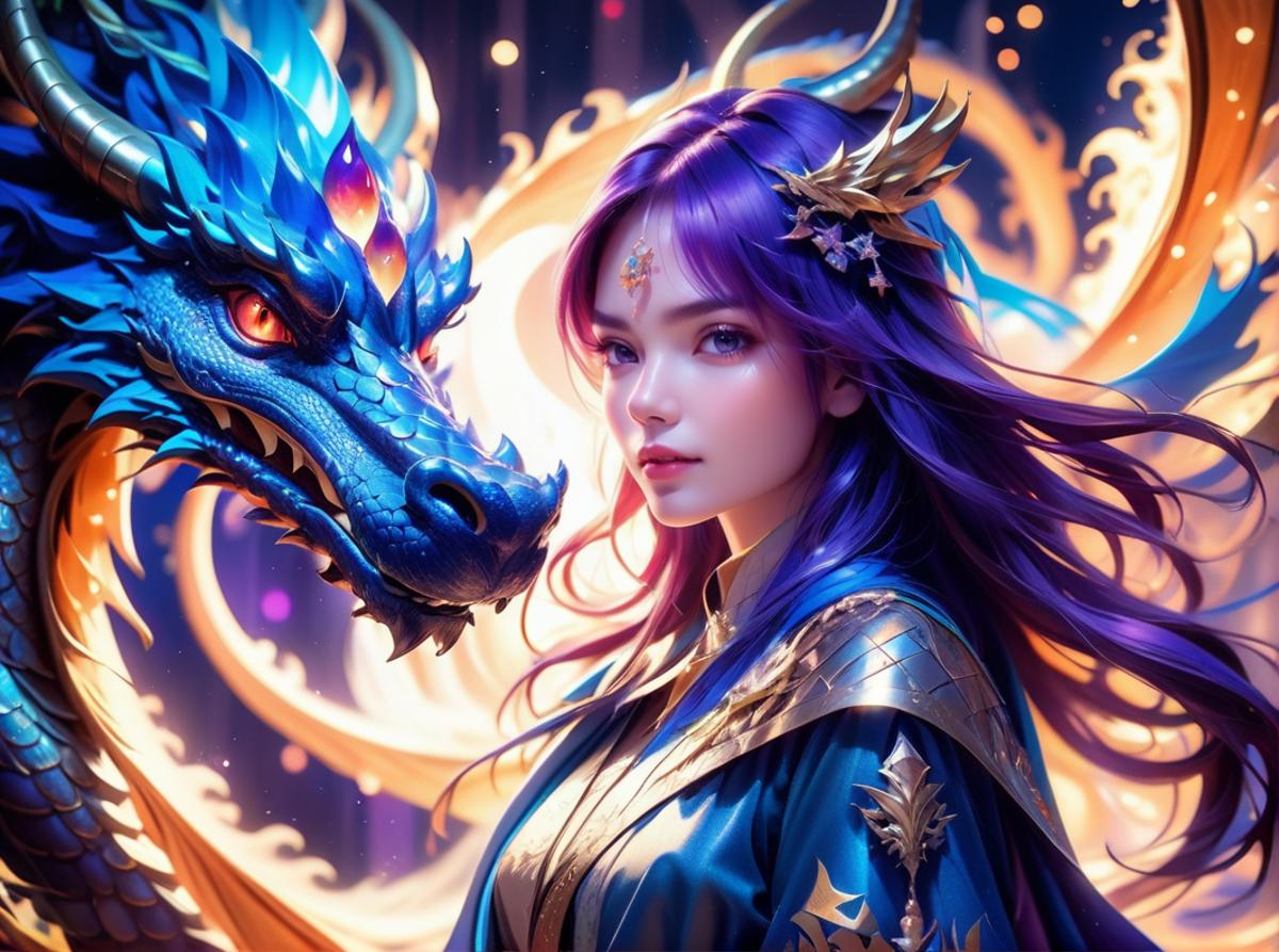 A woman with purple hair poses next to a dragon in a fantasy artwork.