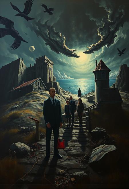 A surrealist painting depicting a creepy atmosphere with intense dramatic lighting.  Human figures are positioned within a bizarre juxtaposition of landscapes and architecture, featuring unsettling details and dark tones, creating tension in high contrast. The style blends American regionalism and contemporary surrealism, utilizing streamlined compositions and masterful shadows.